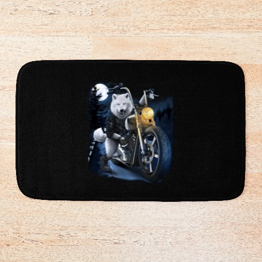 Wolf Riding Chopper Motorcycle In Full Moon Bath Mats