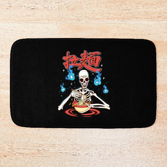 skeleton eating ramen japan noodle soup bowl art Bath Mats