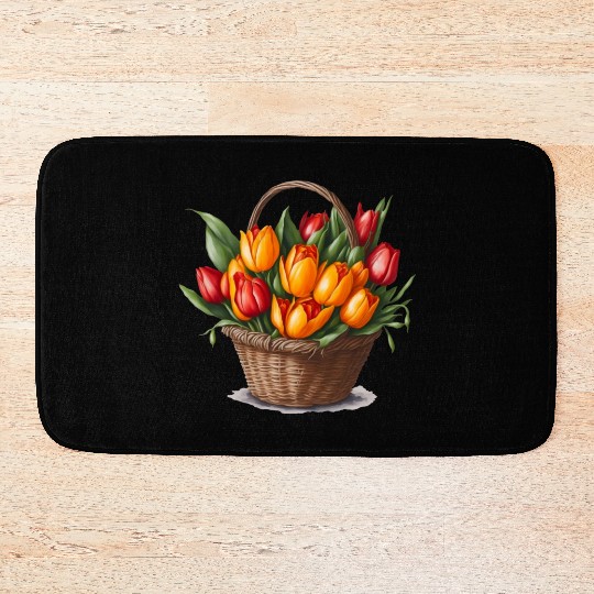 A bouquet of tulips in a basket. Bath Mats