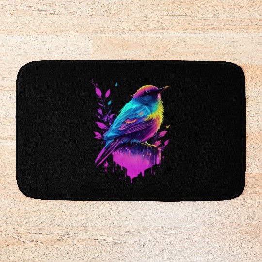 Neon Bird on Pink Leaves - Colorful Nature Art Bath Mats