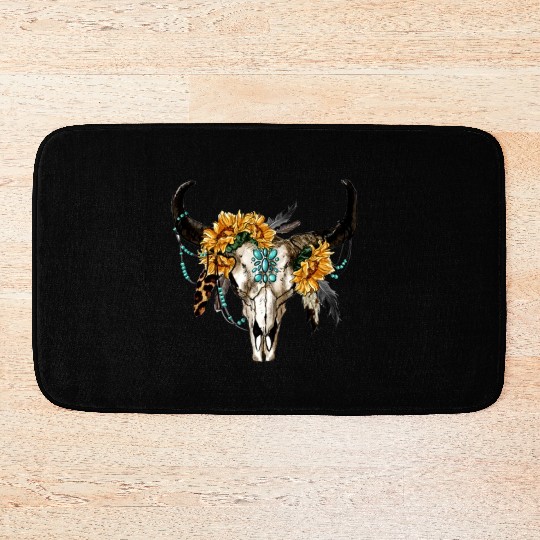 Bull Skull And Sunflowers Bath Mats