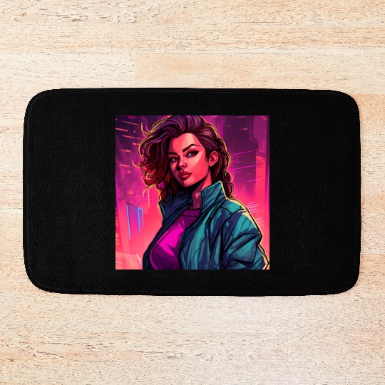 Synthwave City Bloom - Neon Pink Cityscape Bath Mats