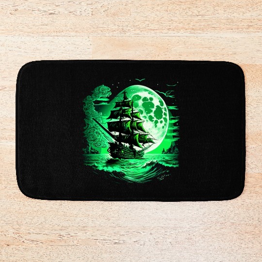 Historical Sailing Ship At Full Moon. Bath Mats