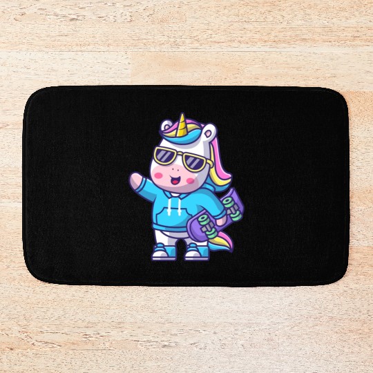 cute cool unicorn holding skateboard cartoon Bath Mats