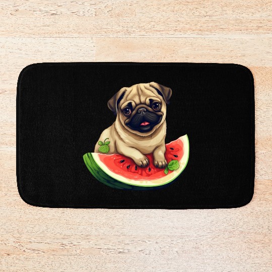 Pug with Melon, Funny Summer Design for Dog Lovers Bath Mats