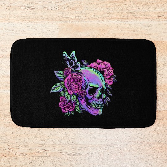 Skeleton Bath Mats, Neon Skull Roses Gothic Skeleton
