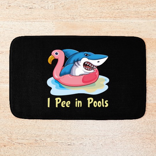 I pee in pools shark on flamingo float Bath Mats