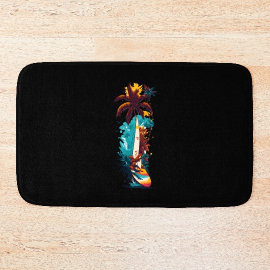 Surfing Board ,waves and Coconut Tree Bath Mats