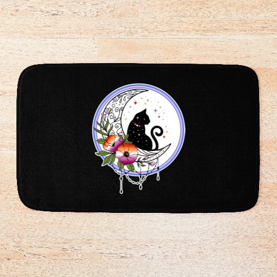 Galaxy Cat and Flowers in Lesbian Flag Colors Bath Mats
