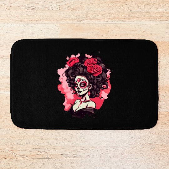 Dia de los muertos woman sugar skull with flowers Bath Mats