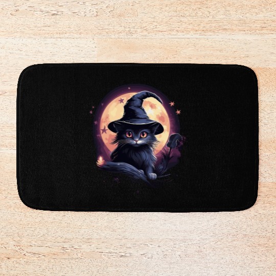 Black cat with witch hat Bath Mats