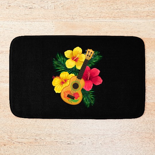 Hawaii Ukulele and Hibiscus Flowers Summer Bath Mats