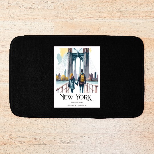 Watercolor painting loving couple in New York City Bath Mats