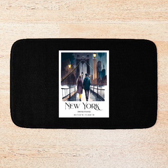 Watercolor painting loving couple in New York City Bath Mats