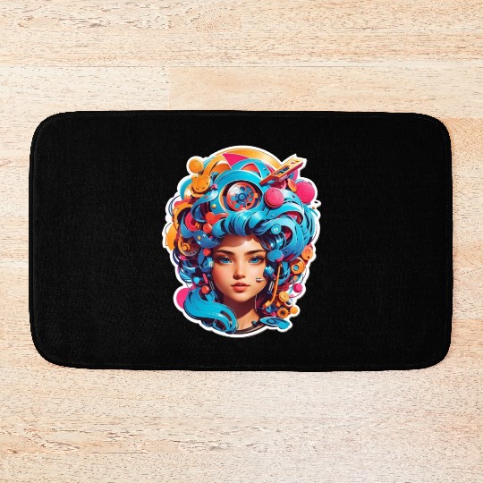 Psychedelic girl with multi color hair. futuristic Bath Mats