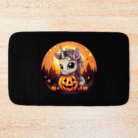 Halloween Unicorn with Pumpkin at Sunset Bath Mats
