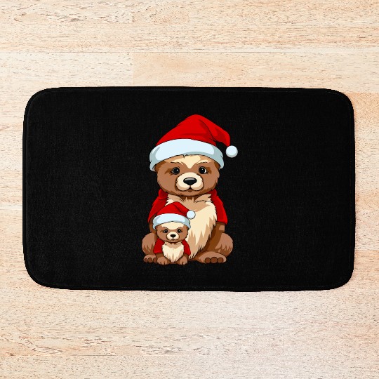 Adorable Festive Mama Bear and Cub: Christmas Hat Bath Mats
