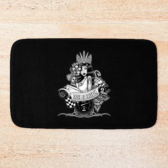 Pin up, Hot rod and Speedometer, black and white Bath Mats