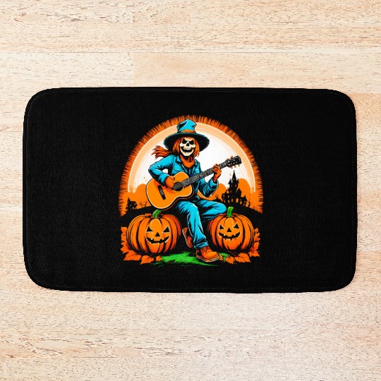Happy Halloween scarecrow plays guitar Bath Mats