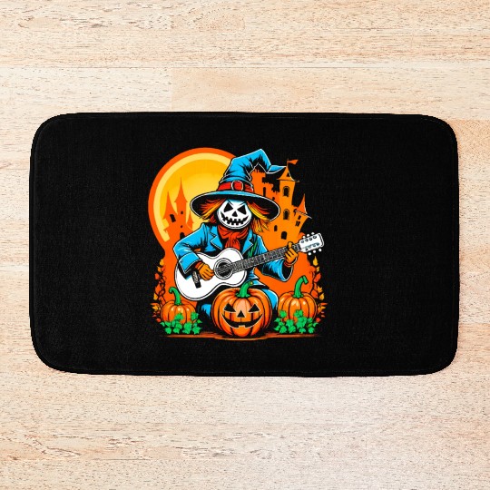 Happy Halloween scarecrow plays guitar Bath Mats