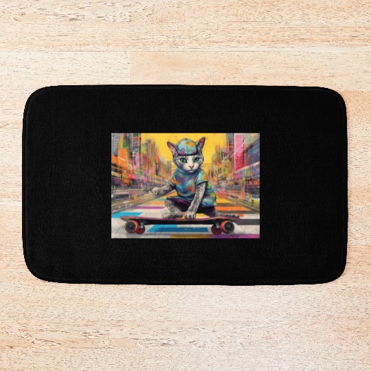 Skateboarding Cat in a colorful city Bath Mats