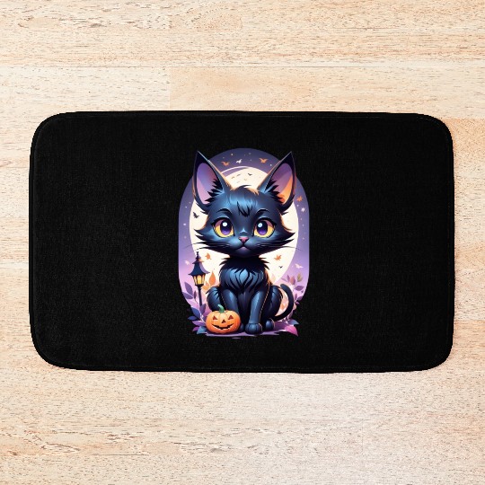 Black Cat With a jack-o-lantern Halloween Design Bath Mats