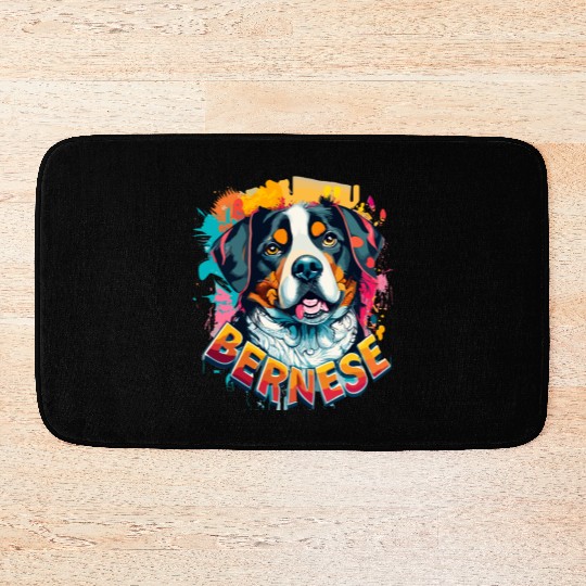 Bernese Mountain Dog Head Vibrant Color Splash Bath Mats