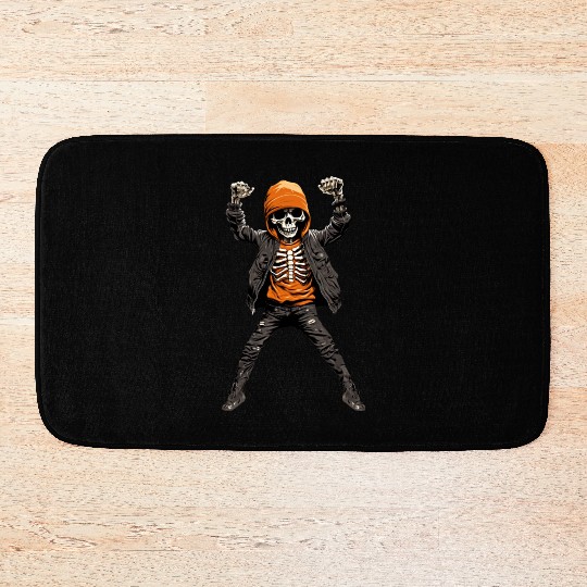 Skeleton in Orange is Dancing with Hands Up Bath Mats