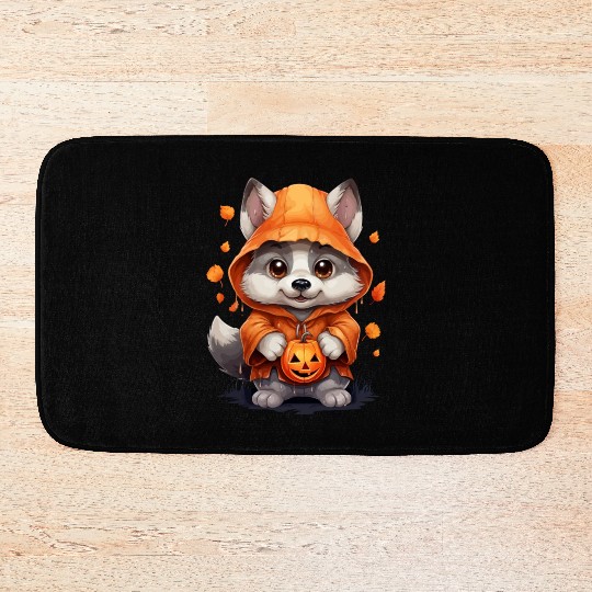 Cute Halloween Wolf With Pumpkin Lanterns Bath Mats