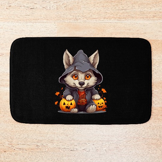 Cute Little Halloween Wolf With Pumpkin Lanterns Bath Mats