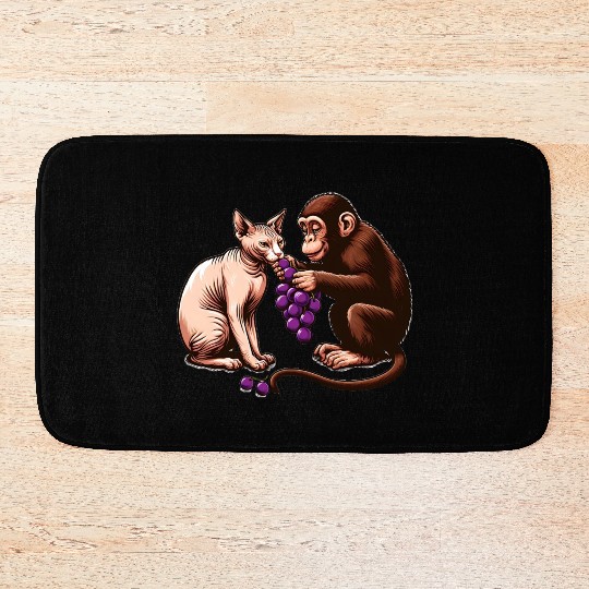 Monkey feeds sphinx cat with grapes Bath Mats