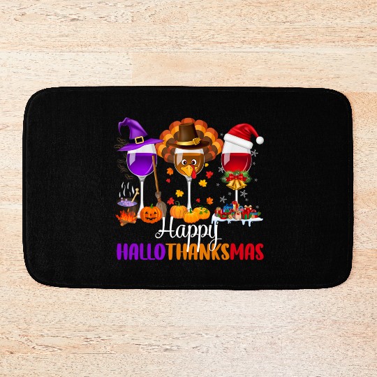 Happy Hallothanksmas Wine Glasses Drinking Lover Bath Mats