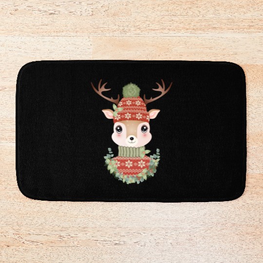 cute deer with sweater and Christmas wreath Bath Mats