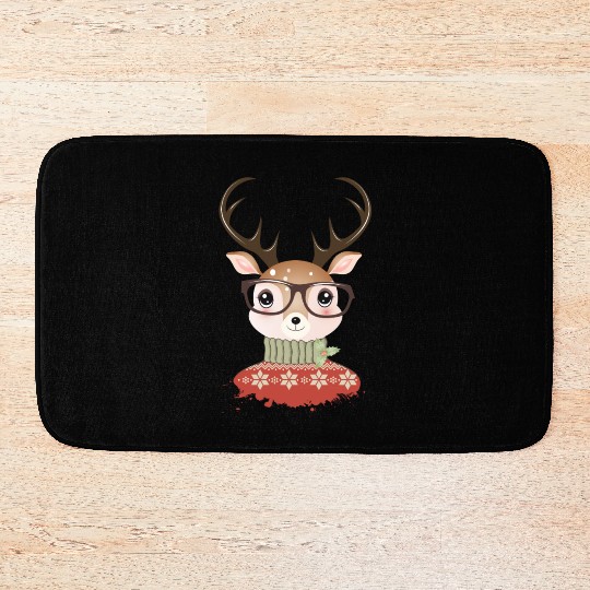 Deer with Christmas sweater and nerd glasses Bath Mats