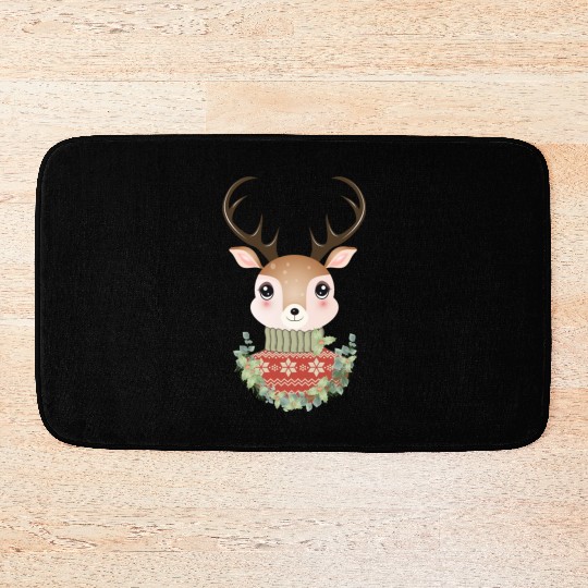 cute deer with sweater and Christmas wreath Bath Mats
