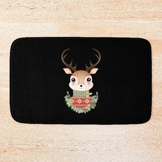 cute deer with sweater and Christmas wreath Bath Mats