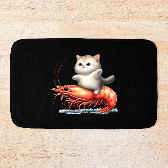 Cat rides on shrimp Bath Mats