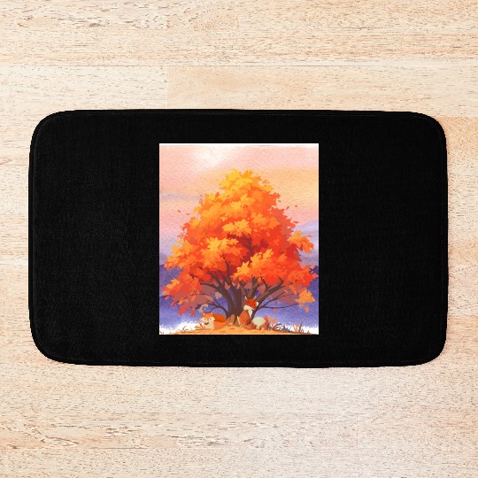 Autumn Serenity - Watercolor Foxes Under The Tree Bath Mats