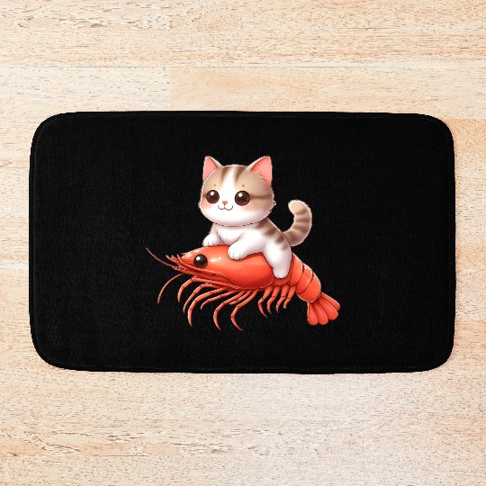 Cat rides on shrimp Bath Mats