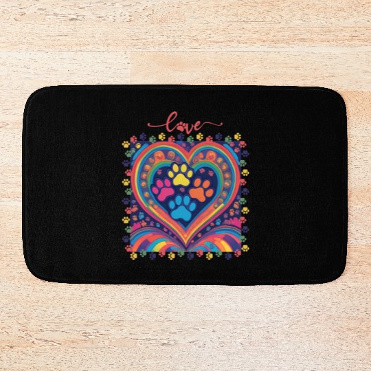 Rainbow Heart Love paw prints Bath Mats
