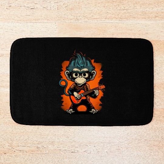 Monkey Chimpanzee Playing Acousitc Rock Guitar Bath Mats