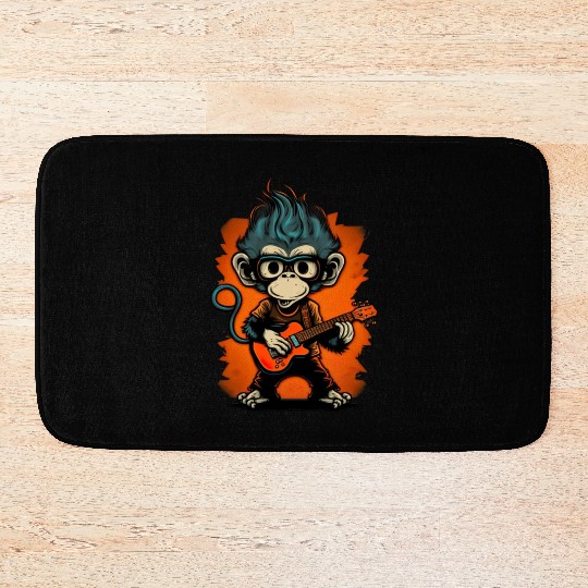 Monkey Chimpanzee Playing Acousitc Rock Guitar Bath Mats