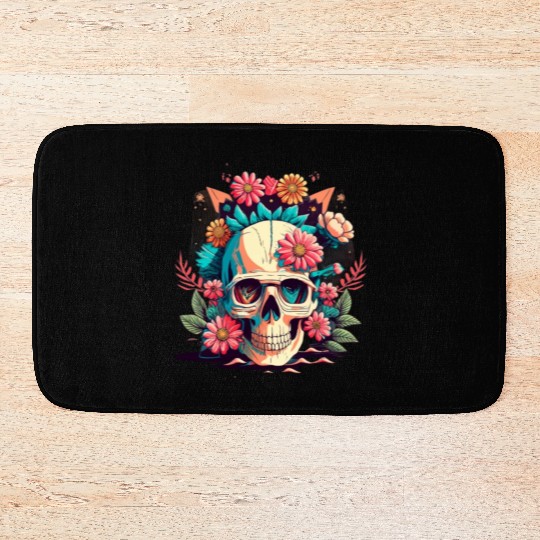 Classic 2d skull with flowers Bath Mats