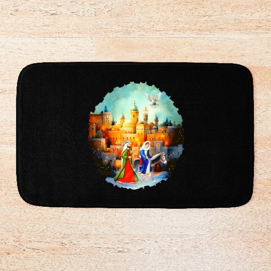Mary and Joseph in Bethlehem with donkey Bath Mats