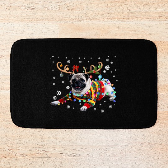 Funny Pug Dog Christmas Reindeer Christmas Lights Bath Mats