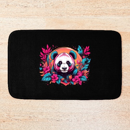 Retro panda with neon nature floral vintage sunset Bath Mats