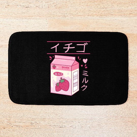 Japanese Strawberry Milk Drink Kawaii Kanji Vaporw Bath Mats