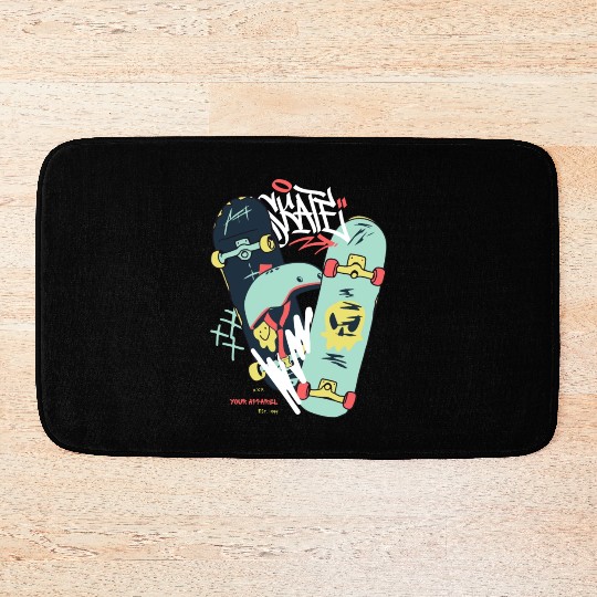 Black Light Green Modern Illustrated Skateboard Bath Mats