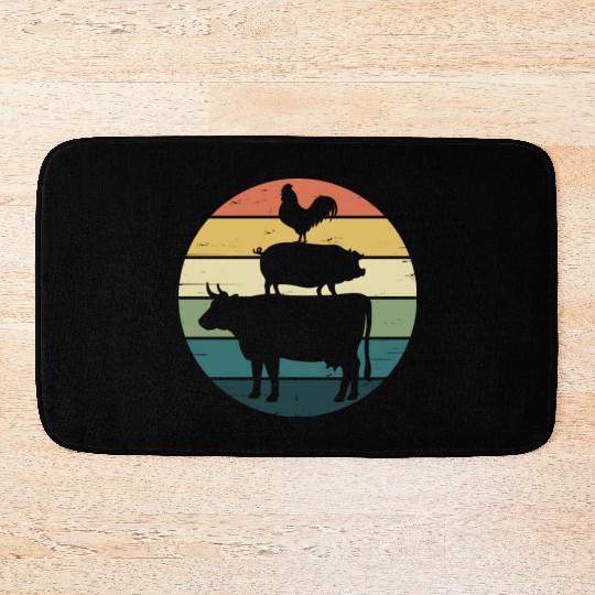 Retro Rainbow Stacked Farm Animals Cow Pig Rooster Bath Mats