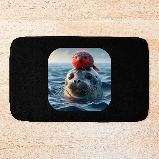 Seal and pufferfish friends from the ocean Bath Mats